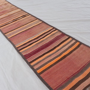 Alfombra Kilim de rayas de 3,6 m, estilo vintage Soumak, de tejido plano, tribal afgana, color marrón rojizo, para pasillo y cocina.