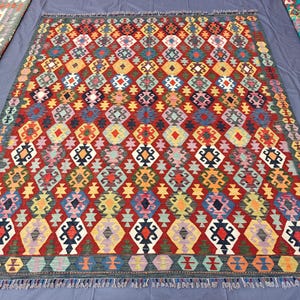 8x10 Geometric Flatweave Kilim Rug, 8'5x9'7 ft Afghan Handmade Wool Rug, Red Oriental Area Rug, Living Room Rug, Traditional Modern Rug