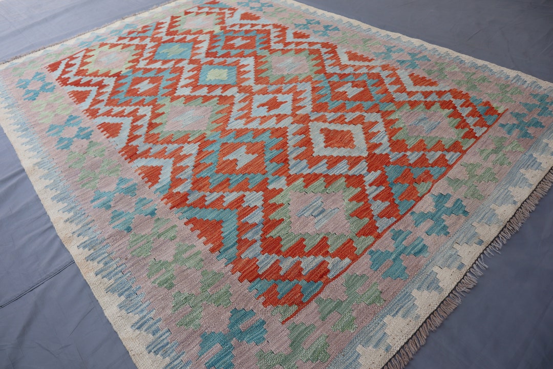 5x7 Kilim Area Rug Muted Gray Rusty Orange Natural Dyes Afghan Handmade