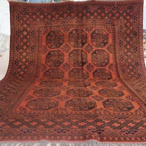 1940s Antique Rug 7x9 ft Terracotta Orange Faded Low pile Wool Rug, Afghan Handmade Rug, Oriental Bukhara Rug, Turkmen Tribal Area Rug