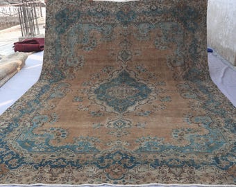 10x13 Ein von einer Art Antiker Teppich, Handgemachter Orientteppich, Kurzflor Wollteppich, Grüne Terrakotta Vintage Fading Teppich, Kaukasier Heriz, Schlafzimmer Teppich