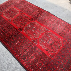 3&#39;4x6&#39;0 ft Vintage Turkoman Rug, Afghan Hand knotted veg dyes Soft pile Wool Area Rug, Antique Turkmen Bukhara Rug, faded distressed Red Rug