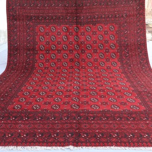 9x11 Large Afghan Bukhara Rug Turkmen Handmade Plush Soft Pile Wool Rug, Oriental Area Rug, Tribal Red Rug, Living Room Rug, Rug for Bedroom