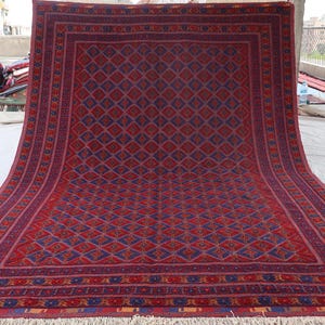 6&#39;9x9&#39;5 ft Vintage Handmade Rug, Navy Blue Red Afghan Rug, Handmade Wool Rug, Turkmen Tribal Area Rug, Oriental Mashwani Carpet, Bedroom Rug