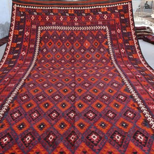8x15 Ft Large Vintage Handmade Afghan 100% Wool Traditional Rug, Turkmen Flatweave kilim rug, Rugs For Living Room, Boho Outdoor Red Carpet