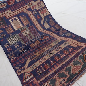 Collectors piece 3x4 ft Navy Blue One of a kind Pictorial Art deco Rug, Afghan Handmade Wool Area rug, Tribal Vintage Baluch Rug Bedroom Rug