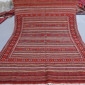 4&#39;5x6&#39;3 ft Vintage Turkmen Soumak Striped Rug, Afghan Handmade Flatweave Kilim Wool Area Rug, Home decor Decorative Rug, Living Room Art Rug