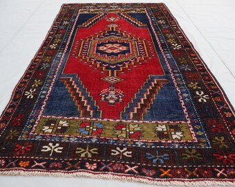 3'8x7 ft Afghan Navy Blue faded Red Antique Rug, Hand Knotted Wool Rug, Tribal Geometric Rug, Low pile Oriental Area Rug, Living Room Carpet