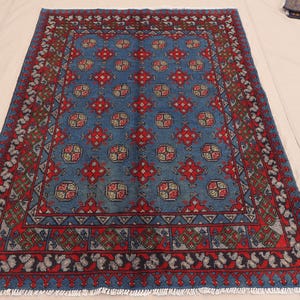 4x6 Afghan Area Rug, Hand Knotted Wool Rug, Blue Tribal Rug, Turkmen Oriental Bukhara Rug, Modern Traditional Rug, Bedroom Rug, Kitchen Rug