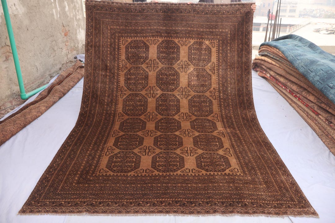 1940s Antique Rug 7x9 Orange Terracotta Rust Color Low Pile Faded