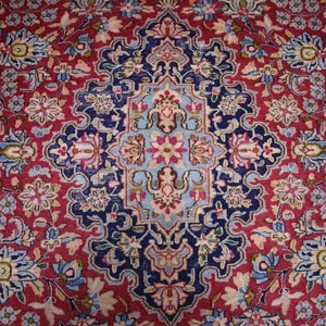May include: A rectangular area rug featuring a deep red background with a central navy blue medallion. The design includes intricate floral patterns in light blue, pink, and cream, with symmetrical vines and blossoms covering the entire surface.