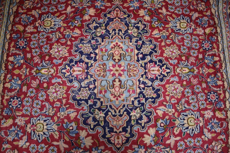 May include: A rectangular area rug featuring a deep red background with a central navy blue medallion. The design includes intricate floral patterns in light blue, pink, and cream, with symmetrical vines and blossoms covering the entire surface.