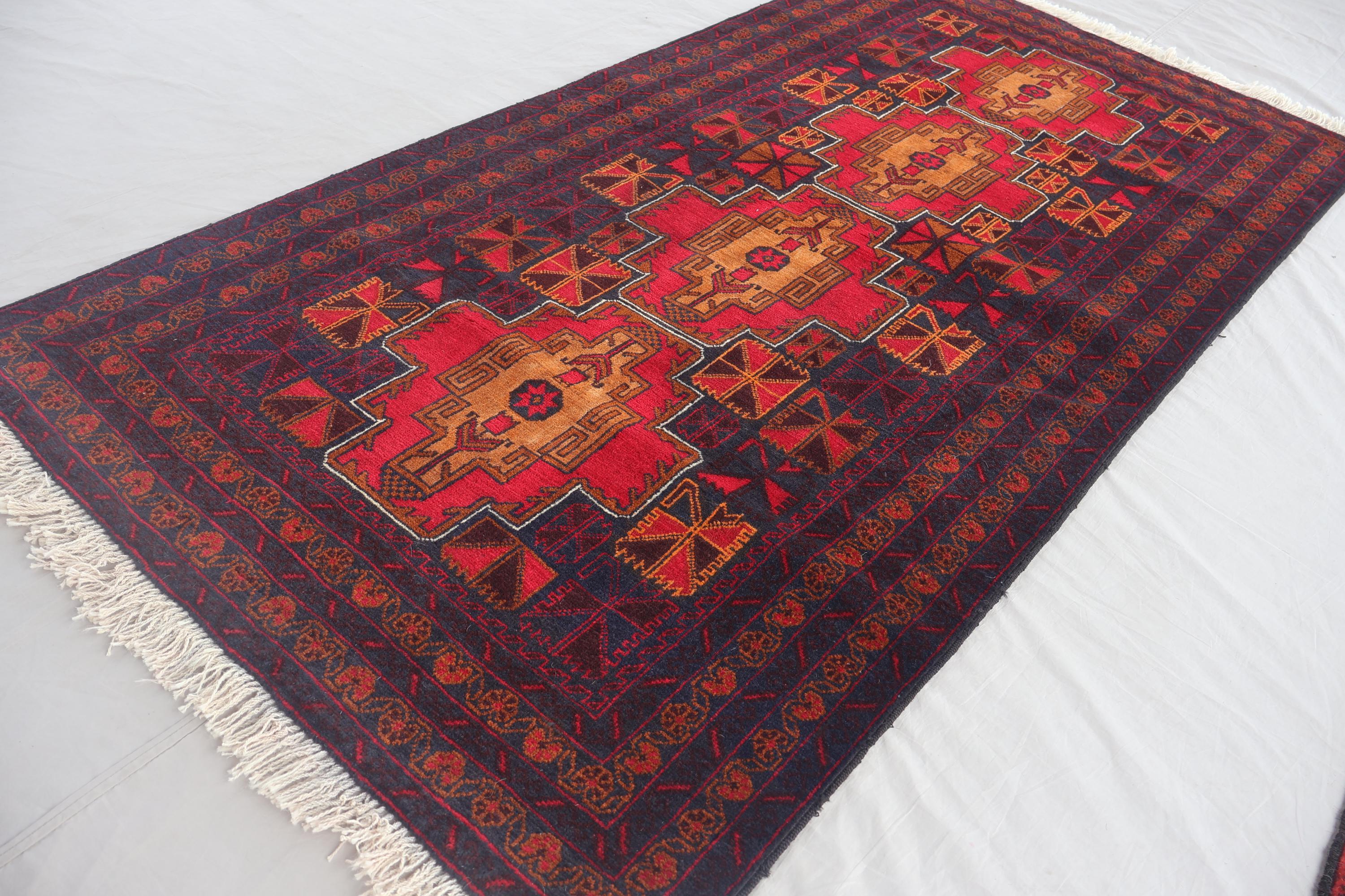 1970s Antique Rug 3'7x7 Ft Orange Afghan Handmade Wool Area Rug