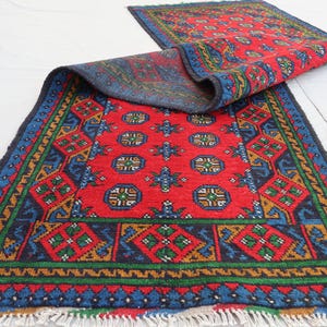 2&#39;7x9&#39;3 Afghan Red Runner Rug, Handmade Wool Multicolor natural veg dyes Rug, Turkmen Bukhara Runner Rug, Oriental Rug, Hallway Runner Rug