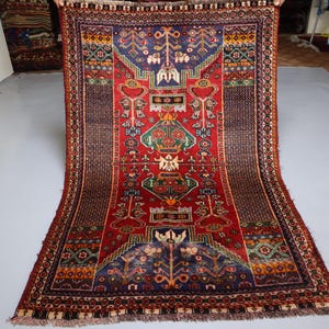 3x5 Vintage Rug, Red Antique Caucasian design Afghan Geometric Rug, Oriental Area rug, Pictorial Handmade Wool rug, Bedroom Rug, Kitchen Rug