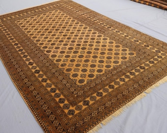 7x10 ft Terracotta Antique Turkmen Bukhara Rug, Hand Knotted Wool Rug, Brown Afghan distressed Low Pile Faded rug, Bedroom, Living Room Rug