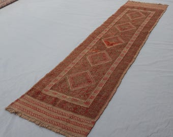2 x 9 fot terrakotta löpare matta geometrisk afghansk matta, handgjord ullmatta, mashwani tribal matta, orientalisk rostmatta, hall löpare, kökslöpare