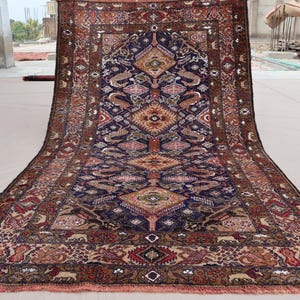 3&#39;3x6&#39;1 ft Animal Pictorial Rug, Navy Blue Afghan Geometric Design Rug, Turkmen Baluchi Wool Carpet, Antique Oriental Rug, Bedroom Area Rug