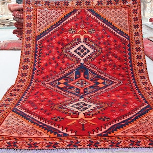 Antique Caucasian Rug 4&#39;4x6&#39;4 ft Afghan Handmade Wool Vintage Rug, Navy Orange Red Oriental Rug, Geometric Rug, Living Room Rug, Bedroom Rug