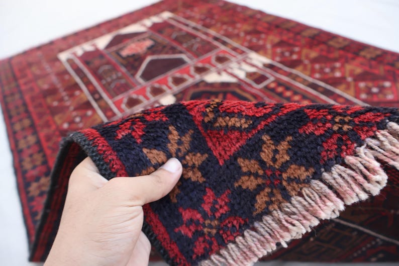 Red Afghan Vintage Rug 3'5x6 Ft Prayer Design Tribal Rug, Handmade Wool
