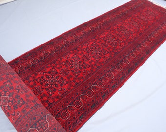 Rood 20 ft lang loper, Turkmeens bukharatapijt, Afghaans handgemaakt wollen tapijt, oosters tapijt Khal Mohammedi, loper gang, tapijt van 3 x 20 treden