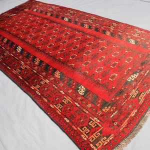 Turkmen Antique Bashiri Rug 3&#39;6x6&#39;9 ft Red Afghan Handmade Wool Area Rug, Oriental Vintage Rug, Bedroom Living Room Rug, Tribal Bukhara Rug