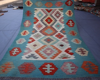 4x6 Afghan Kilim Rug, Natural Vegetable dyes Turquoise Blue Red Beige Green, Handmade Wool Area Rug, Flatweave Geometric Rug, Bedroom Rug