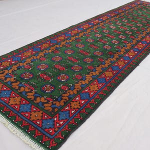 9 ft Runner Rug, Green Red Natural Veg dyes Rug, Afghan Handmade Wool Tribal Carpet, Turkmen Bukhara Rug, Hallway Runner, Kitchen Runner