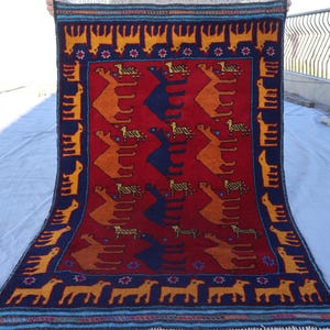 3x5 Animal Pictorial Rug Tribal Nomadic Gabbeh Baluch Rug Afghan Handmade Wool Rug, Navy Blue Orange Red Baluchi Rug, Kitchen, Kids Room Rug