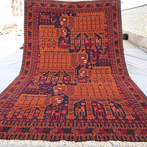 Collectors piece 4x6&#39;7 ft Lions Afghan Handmade Soft Wool Animal Hunting Pictorial Rug, Bedroom Rug, Oriental Baluchi Rug, Kids Room Carpet