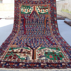 One of a kind rug 3&#39;7x6&#39;7 ft Tree of life design Baluch Pictorial Rug, Afghan Hand Knotted Veg dyes Wool Oriental Rug, Home decor Boho Art