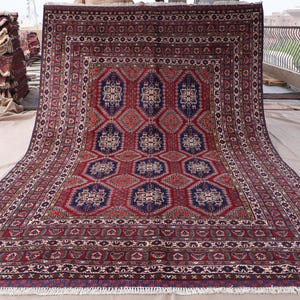 7x10 Red Navy Geometric Afghan Rug, Fine Top Quality Hand Knotted Wool Rug, Turkmen Tribal Samarkand Rug, Oriental Rug, Rug for Living Room