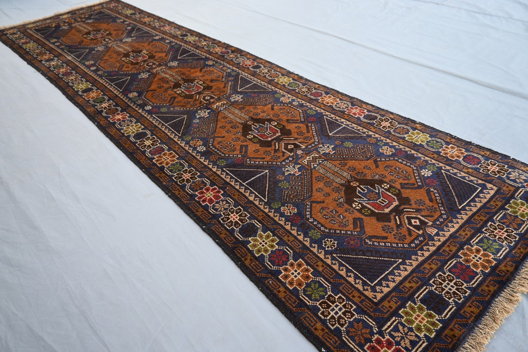 10 Ft Afghan Baluchi Runner Rug, Vintage Geometric Handmade Wool Runner ...