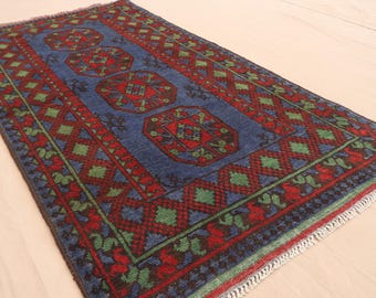 3'3x6'4" Blue Afghan Ersari rug, Turkmen Hand Knotted Organic dyes Wool Oriental rug Tribal Bukhara Rug Bedroom Carpet, Rugs for Living Room