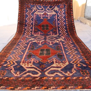 Alfombra afgana vintage de color rojo marino de 4 x 7 pies, hecha a mano, de lana caucásica, alfombra baluchi tribal geométrica, alfombra turcomana oriental, alfombra para dormitorio y sala de estar