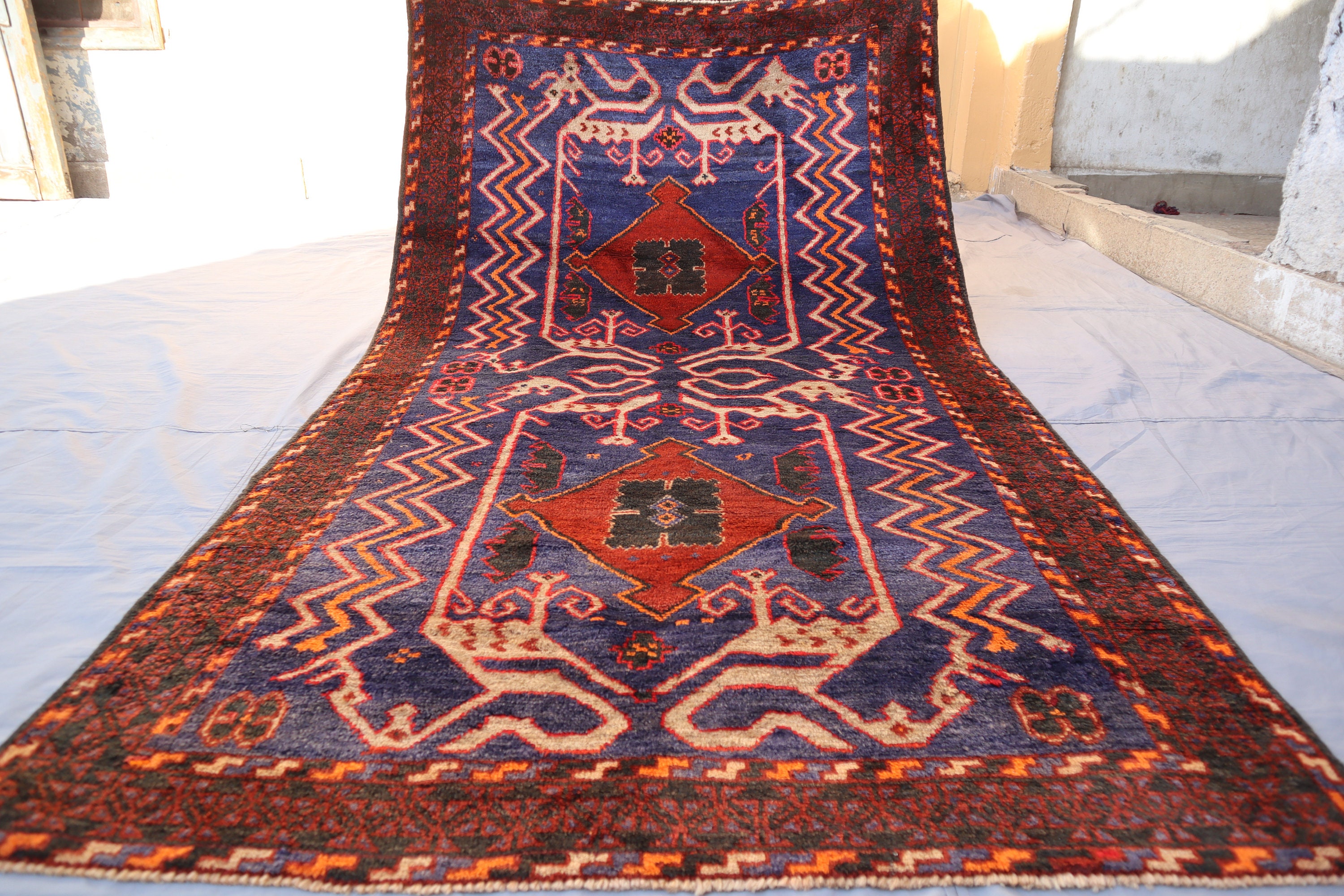 4 x 7 フィート ネイビー レッド ヴィンテージ ラグ アフガニスタン