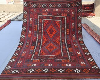 Vintage Kilim Rug 7x10 Afghan Handmade faded Wool Oriental Rug, Antique Terracotta Rug, Flatweave Rug, Geometric Area Rug, Bedroom Carpet
