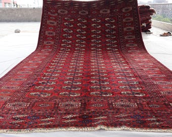 Collectors piece 7'4x12'5 ft Ersari Turkmenistan Antique Rug, Afghan Handmade Low Pile Wool Rug, Oriental Vintage Red Area Rug, Bedroom Rug
