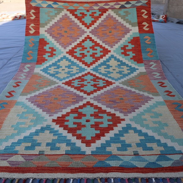 4x6 Turquoise Red Kilim Rug, Afghan Hand Woven veg dyes Wool Area Rug, Boho Decorative Rug, Flat weave Rug - Rug for Living Room, Bedroom