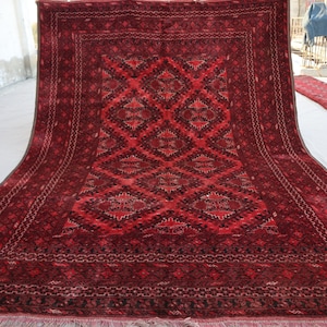 7x9 Vintage Rug, Large Afghan Hand knotted veg dyes Wool Tribal Rug, Oriental Area Rug, Turkmen Geometric Bukhara Rug for living room Carpet