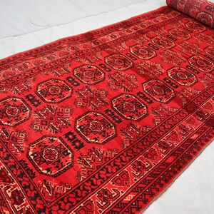 Red 13 ft Runner Rug, Antique Bukhara Runner Rug, Afghan Handmade Wool Rug, Vintage Turkmen Waziri Rug, Tribal Runner Rug, Hallway Runner