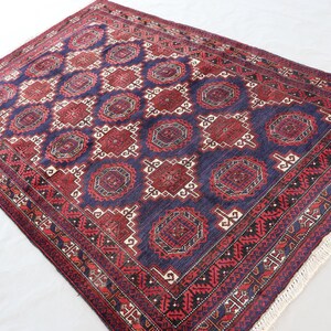 4x7 Afghan Vintage Rug, Navy Blue Red Tribal Rug, Handmade Wool Rug, Oriental Antique Rug, Turkmen Baluchi Geometric Rug, Bedroom Area Rug