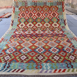 6'9x10'2 Ft Afghan Kilim Area Rug, Orange Red Green Veg Dyes