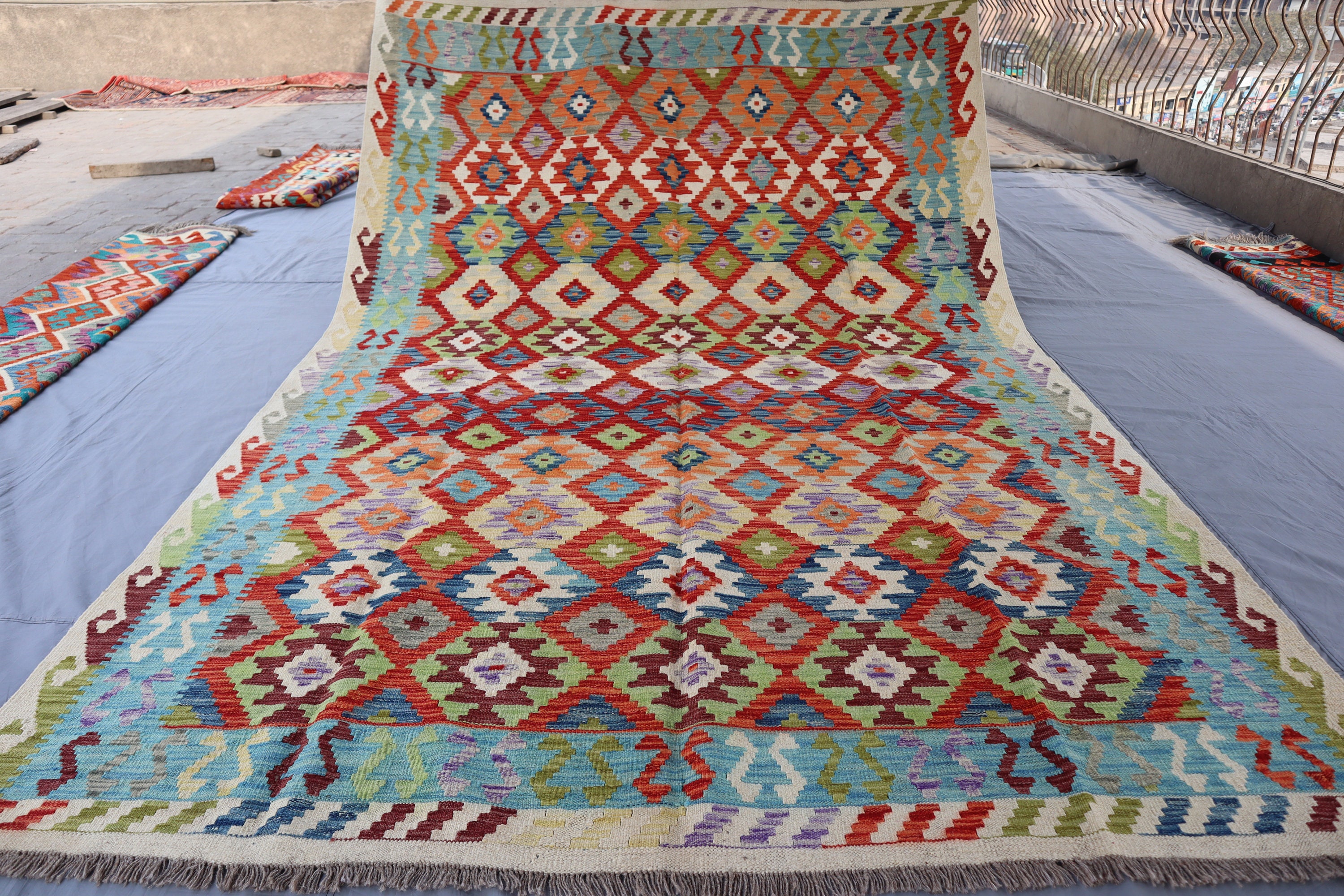 6'9x10'2 Ft Afghan Kilim Area Rug, Orange Red Green Veg Dyes