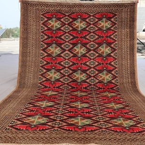 Alfombra vintage de 4x6, afgana, única y hecha a mano, de lana negra, geométrica, baluchi, oriental, para dormitorio, diseño caucásico.