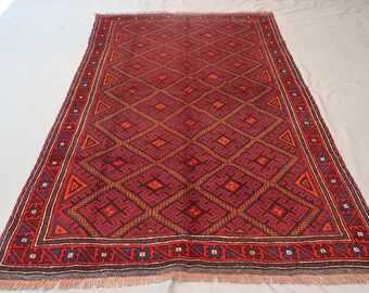 Tapete vintage de colecionador, 1,60 m x 2,64 m, feito à mão, de lã macia, com design geométrico, estilo tribal turcomano, oriental ou ideal para quarto.
