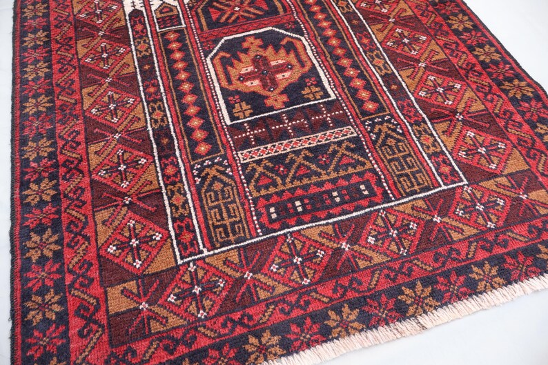 Red Afghan Vintage Rug 3'5x6 Ft Prayer Design Tribal Rug, Handmade Wool