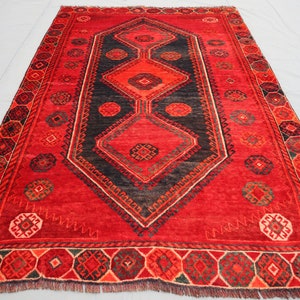 4&#39;6x7 ft Antique Area Rug Red Soft pile Vintage faded Rug, Handmade Afghan Wool Rug, One of a Kind Rug, Geometric Caucasian Style Old Carpet