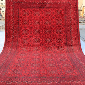 Large Area Rug | 6&#39;10x10&#39;6 Ft | Red Afghan Hand Knotted Wool Rug | Oriental Bokhara Turkmen Rug | Tribal Turkoman Rug | 7x10 Living Room Rug