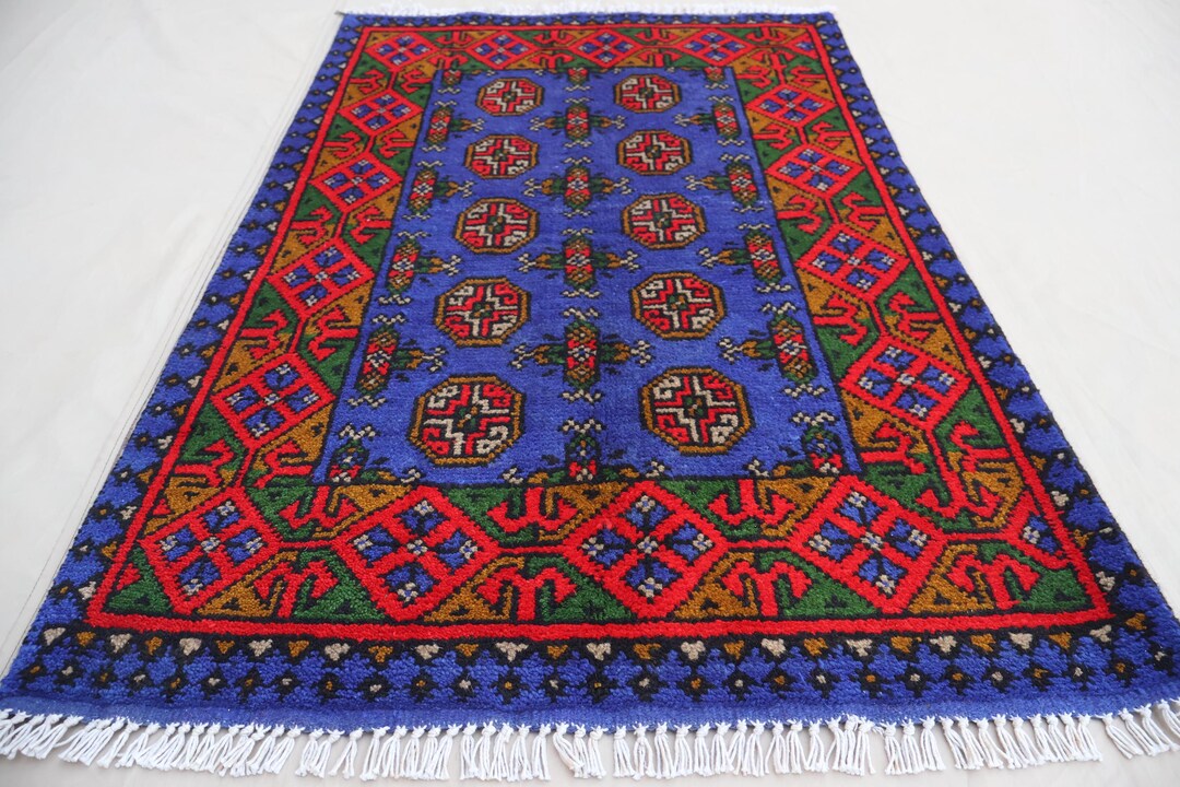2'5x4 Blue Afghan Bukhara Rug, Turkmen Tribal Rug, Handmade Wool High ...